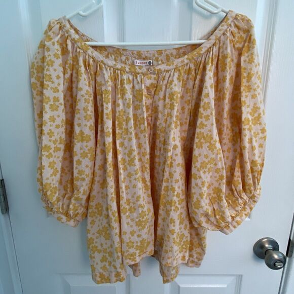 Sundry Ditsy blouse womens XL Size 3 floral puff sleeve button up Orange - Picture 5 of 10
